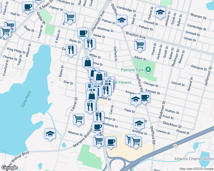 map of restaurants, bars, coffee shops, grocery stores, and more near 146 Lisbon Street in Fall River