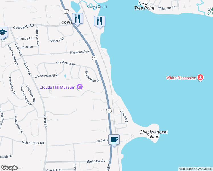 map of restaurants, bars, coffee shops, grocery stores, and more near in Warwick
