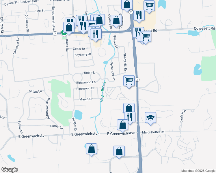 map of restaurants, bars, coffee shops, grocery stores, and more near 122 Greenwich Way West in West Warwick