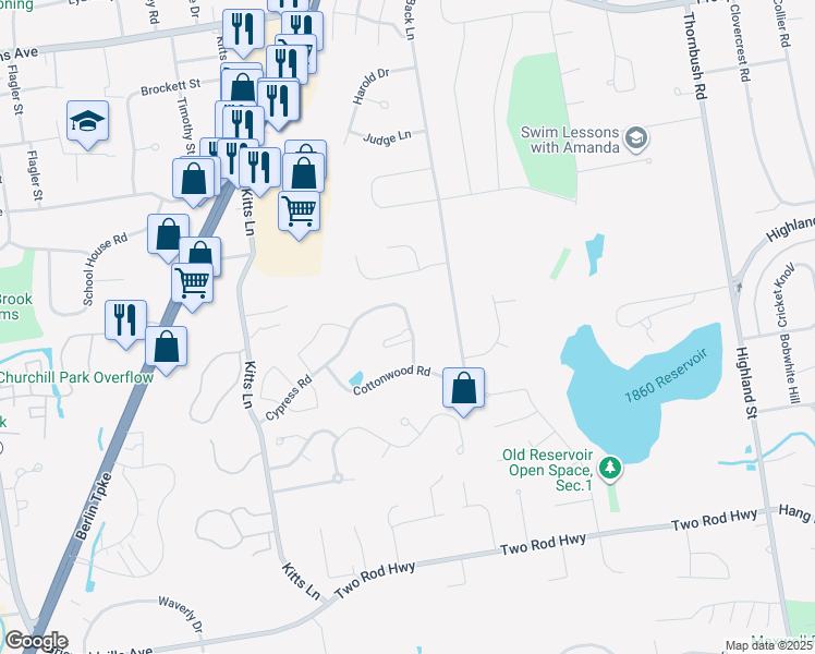 map of restaurants, bars, coffee shops, grocery stores, and more near 87 Cypress Road in Newington