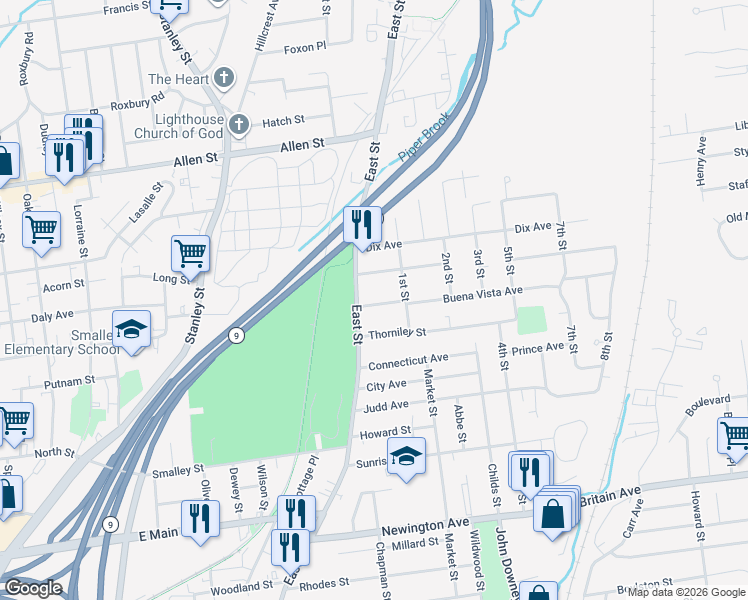 map of restaurants, bars, coffee shops, grocery stores, and more near 6 Greenfield Drive in New Britain
