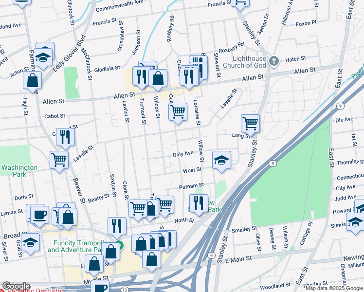 map of restaurants, bars, coffee shops, grocery stores, and more near 167 Oak Street in New Britain