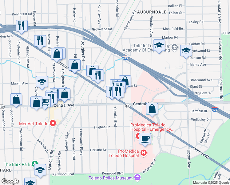 map of restaurants, bars, coffee shops, grocery stores, and more near 3156 Algonquin Parkway in Toledo