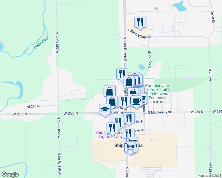 map of restaurants, bars, coffee shops, grocery stores, and more near 265 North State Street in Shipshewana