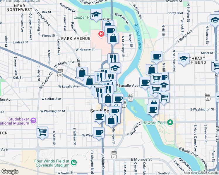 map of restaurants, bars, coffee shops, grocery stores, and more near 120 West La Salle Avenue in South Bend