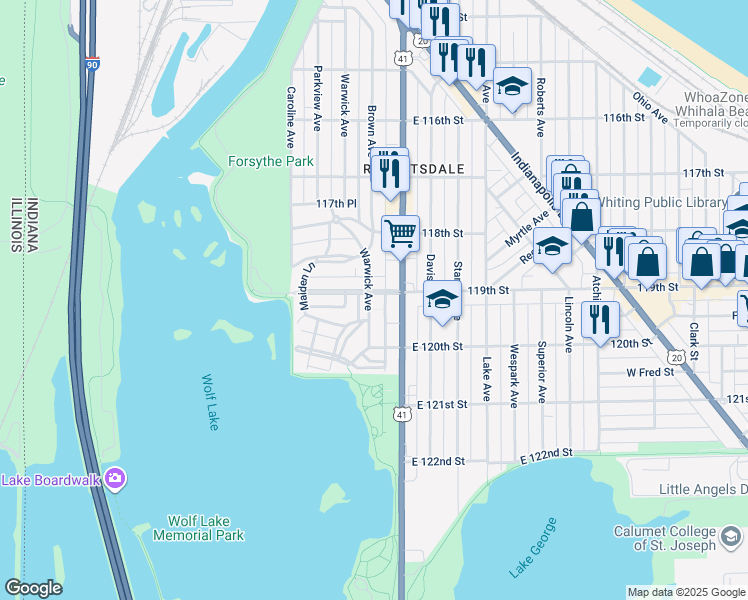 map of restaurants, bars, coffee shops, grocery stores, and more near 702 119th Street in Whiting
