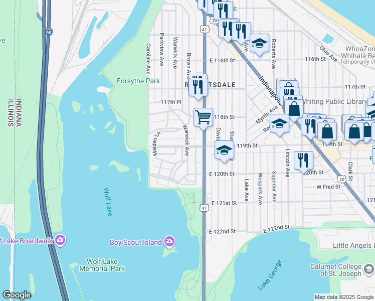 map of restaurants, bars, coffee shops, grocery stores, and more near 702 119th Street in Whiting