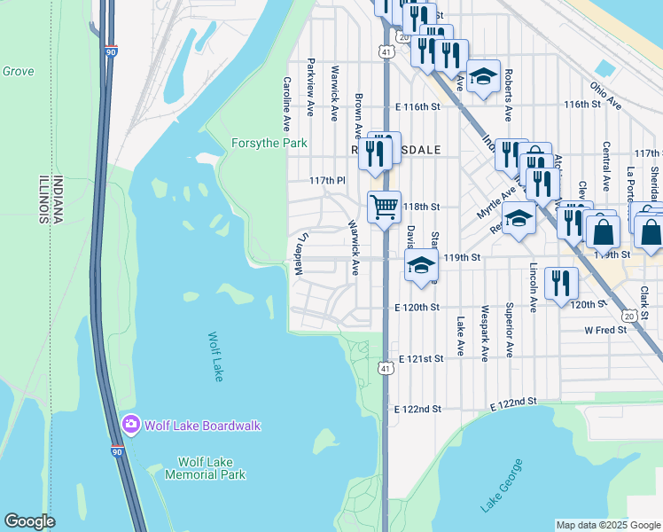 map of restaurants, bars, coffee shops, grocery stores, and more near 642 119th Street in Whiting