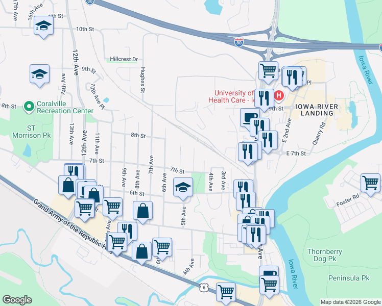 map of restaurants, bars, coffee shops, grocery stores, and more near 715 5th Avenue Place in Coralville