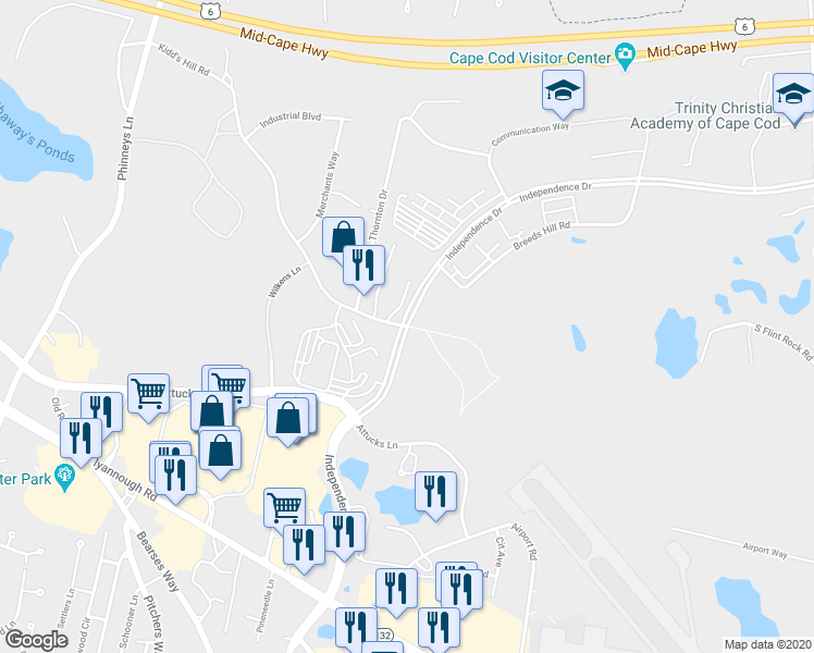 map of restaurants, bars, coffee shops, grocery stores, and more near 300 Independence Drive in Barnstable