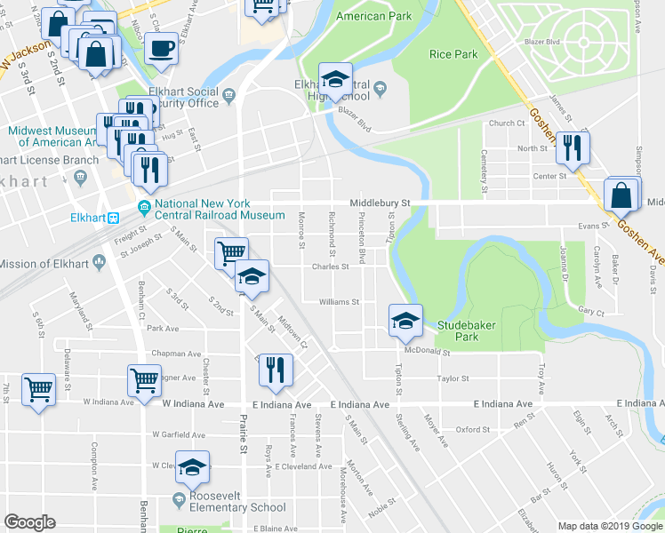 map of restaurants, bars, coffee shops, grocery stores, and more near 999 Richmond Street in Elkhart
