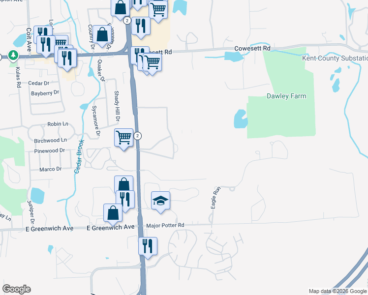 map of restaurants, bars, coffee shops, grocery stores, and more near 700 Quaker Lane in East Greenwich