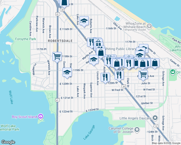map of restaurants, bars, coffee shops, grocery stores, and more near 1910 Superior Avenue in Whiting