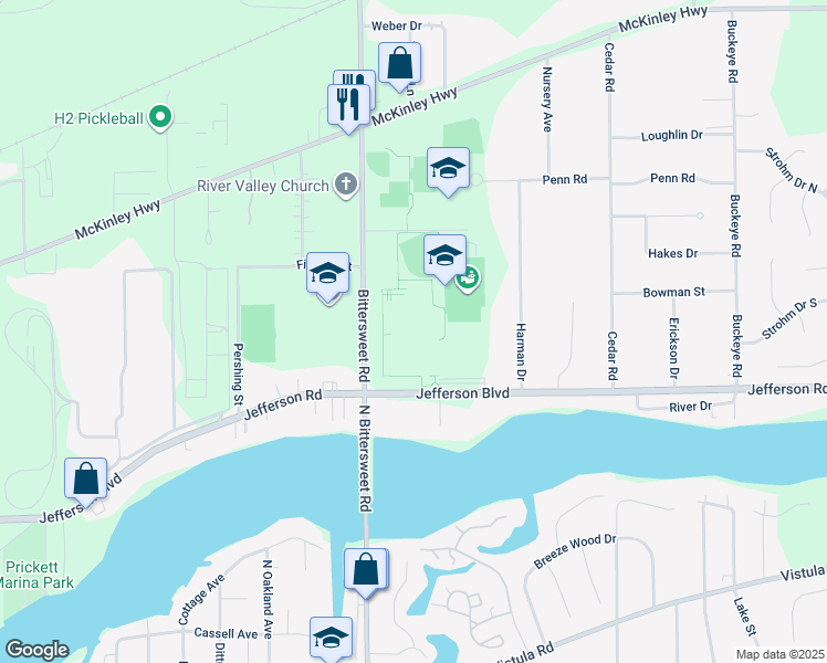map of restaurants, bars, coffee shops, grocery stores, and more near 56100 Bittersweet Road in Mishawaka