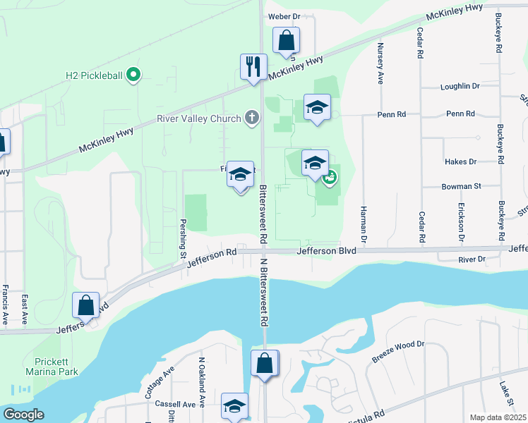 map of restaurants, bars, coffee shops, grocery stores, and more near 56100 Bittersweet Road in Mishawaka