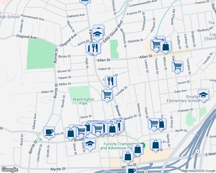 map of restaurants, bars, coffee shops, grocery stores, and more near 29 Farmington Avenue in New Britain