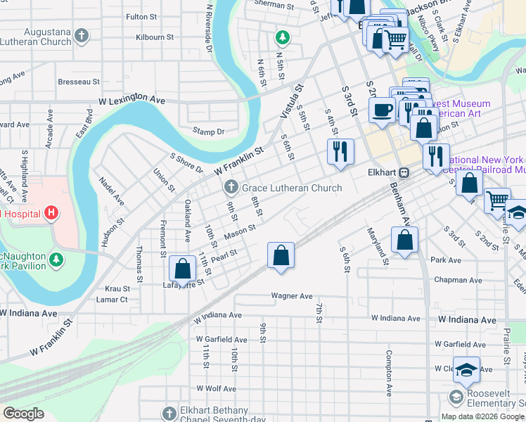 map of restaurants, bars, coffee shops, grocery stores, and more near 718 Mason Street in Elkhart