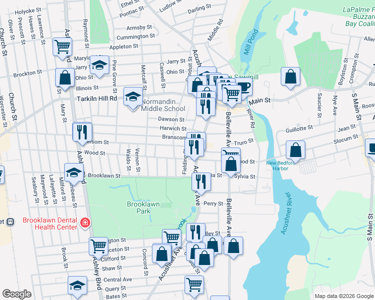 map of restaurants, bars, coffee shops, grocery stores, and more near 196 Hersom Street in New Bedford