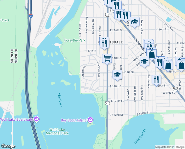 map of restaurants, bars, coffee shops, grocery stores, and more near 650 119th Street in Whiting