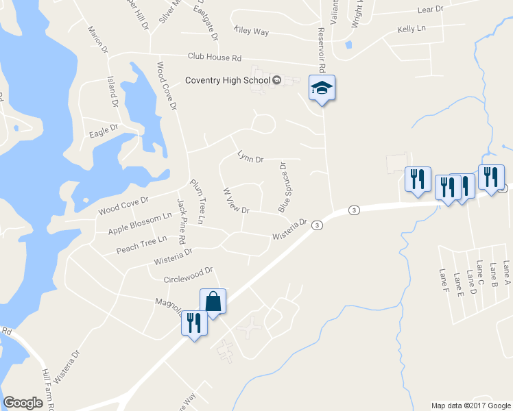 map of restaurants, bars, coffee shops, grocery stores, and more near 2 Winterberry Drive in Coventry