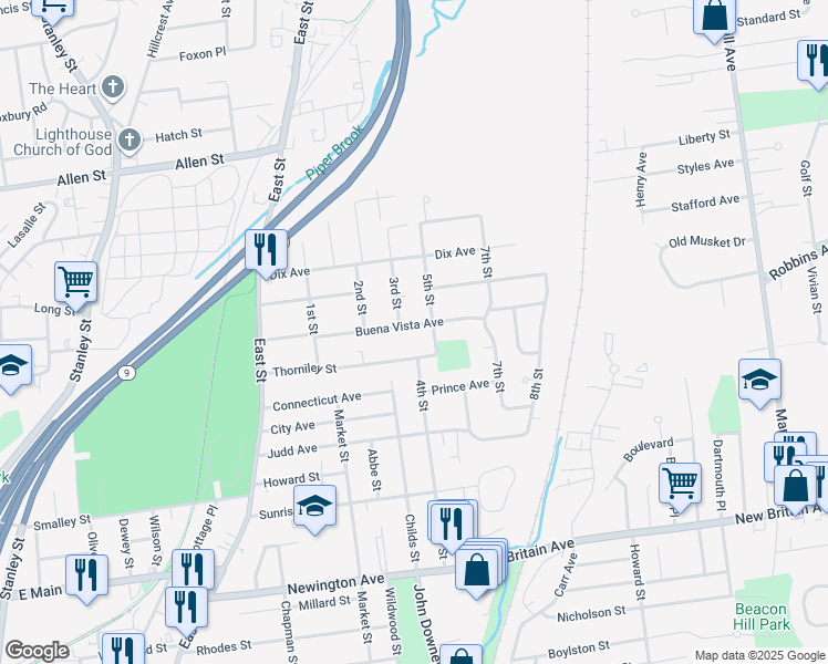 map of restaurants, bars, coffee shops, grocery stores, and more near 103 Buena Vista Avenue in New Britain