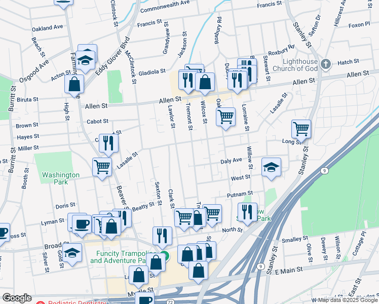 map of restaurants, bars, coffee shops, grocery stores, and more near 190 Tremont Street in New Britain