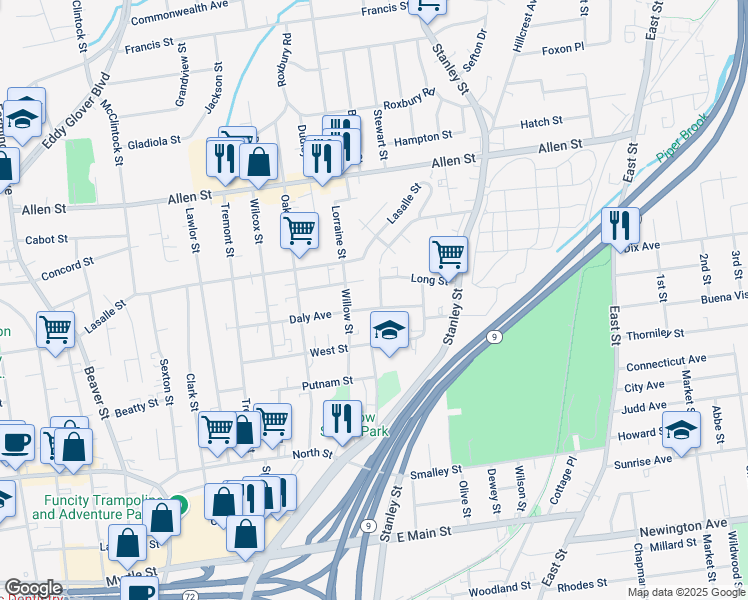 map of restaurants, bars, coffee shops, grocery stores, and more near 10 Ledgecrest Avenue in New Britain