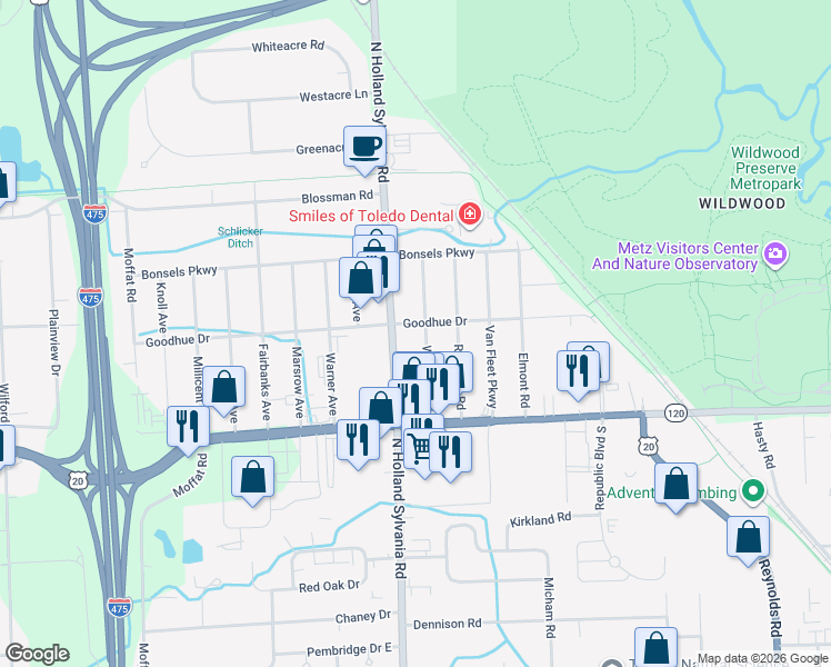 map of restaurants, bars, coffee shops, grocery stores, and more near 3237 Waldmar Rd in Toledo