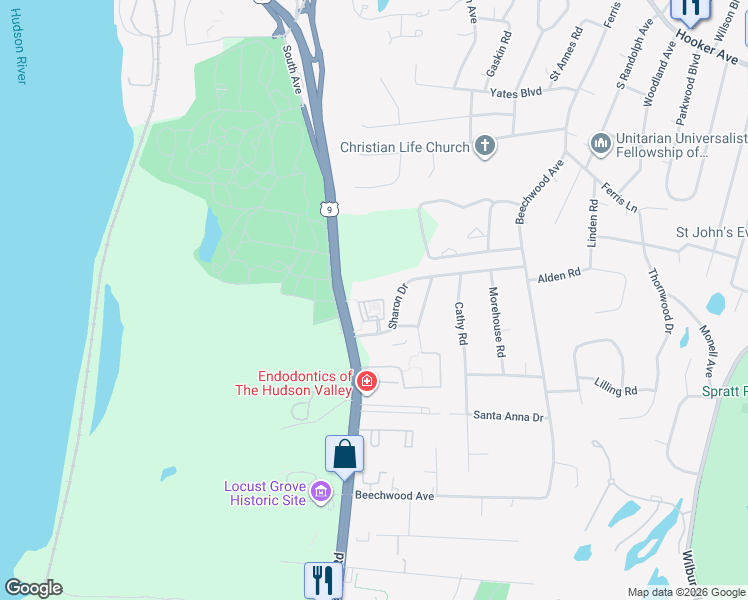 map of restaurants, bars, coffee shops, grocery stores, and more near 5207 Spring Manor Circle in Poughkeepsie