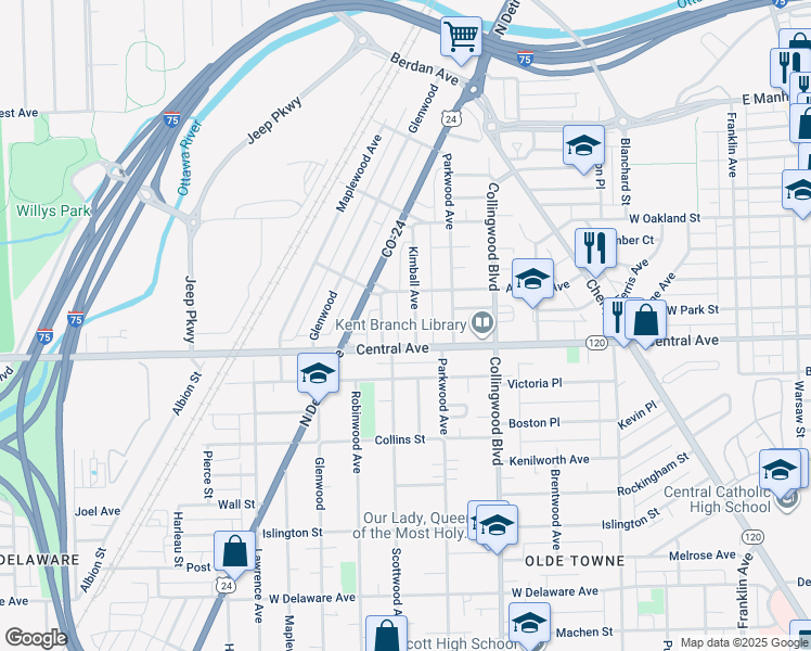 map of restaurants, bars, coffee shops, grocery stores, and more near 3121 Kimball Avenue in Toledo