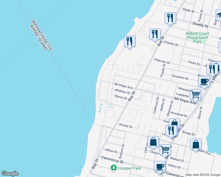 map of restaurants, bars, coffee shops, grocery stores, and more near 91 Kempton Street in Fall River
