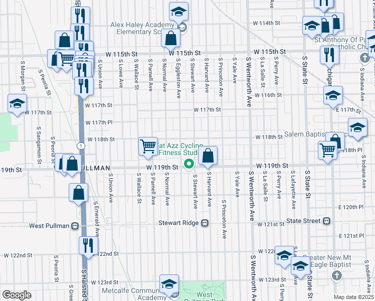 map of restaurants, bars, coffee shops, grocery stores, and more near 11817 S Eggleston Ave in Chicago