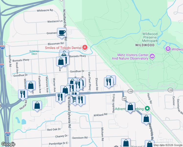 map of restaurants, bars, coffee shops, grocery stores, and more near 3238 Van Fleet Parkway in Toledo