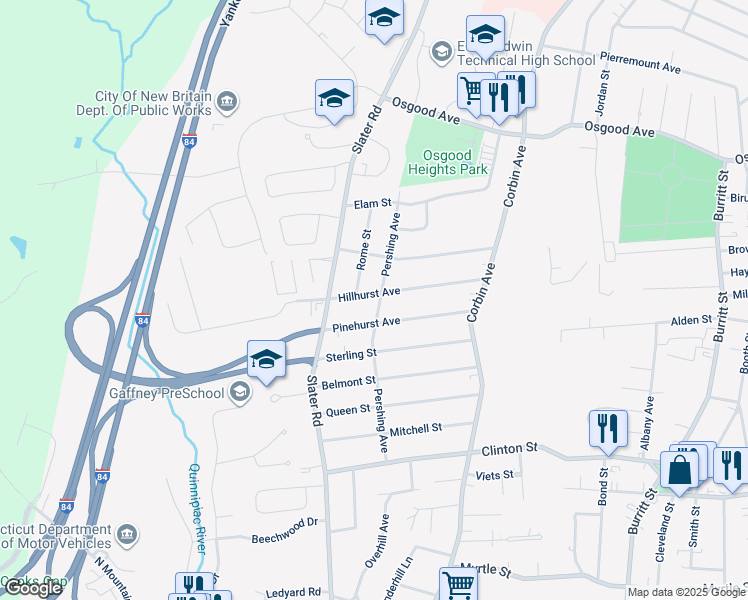 map of restaurants, bars, coffee shops, grocery stores, and more near 130 Hillhurst Avenue in New Britain