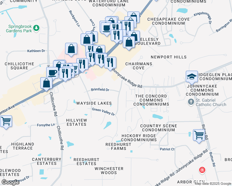 map of restaurants, bars, coffee shops, grocery stores, and more near 7074 Brandywine Drive in Mentor