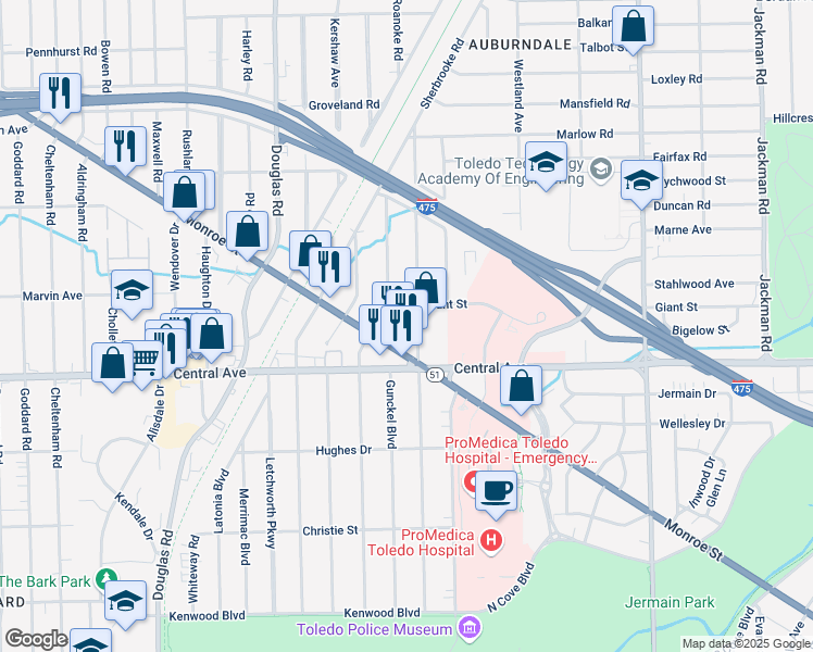 map of restaurants, bars, coffee shops, grocery stores, and more near 3140 Matson in Toledo