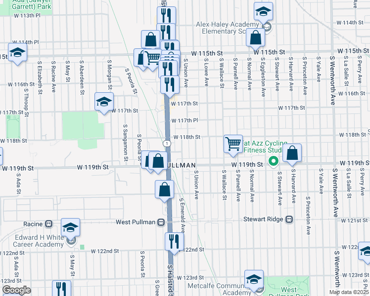 map of restaurants, bars, coffee shops, grocery stores, and more near 11823 South Emerald Avenue in Chicago