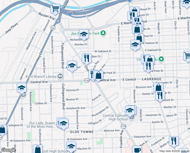 map of restaurants, bars, coffee shops, grocery stores, and more near 3118 Cherry Street in Toledo