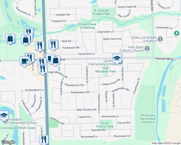 map of restaurants, bars, coffee shops, grocery stores, and more near 5012 Switch Grass Lane in Naperville