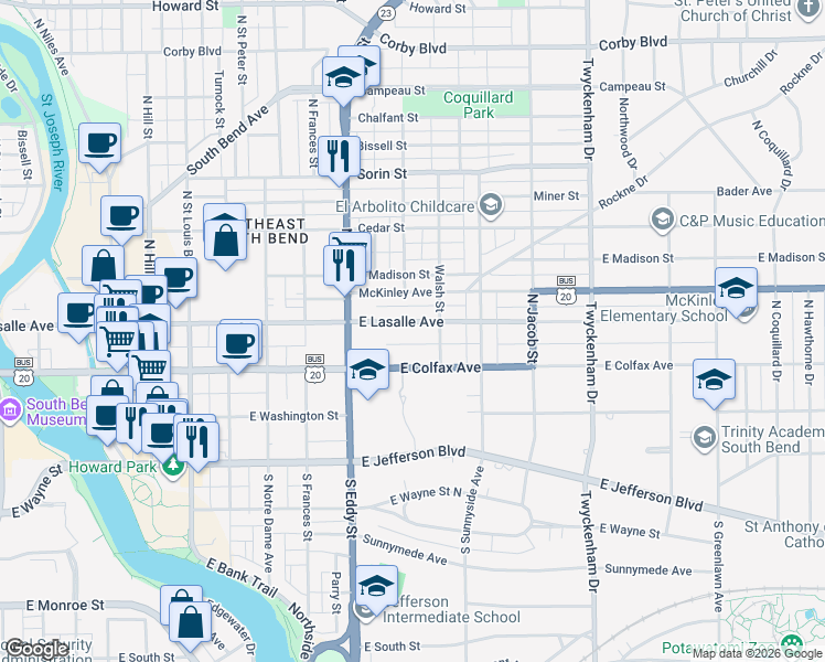 map of restaurants, bars, coffee shops, grocery stores, and more near 1208 East Lasalle Avenue in South Bend