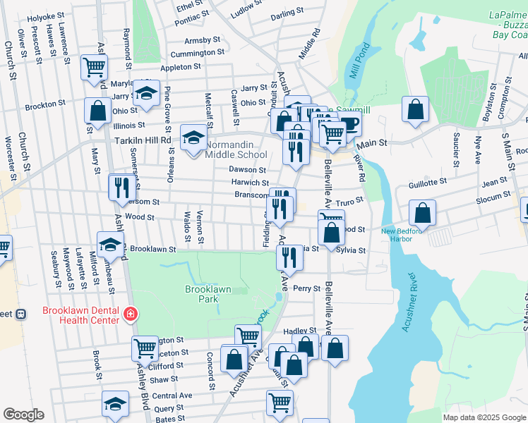 map of restaurants, bars, coffee shops, grocery stores, and more near 196 Hersom Street in New Bedford