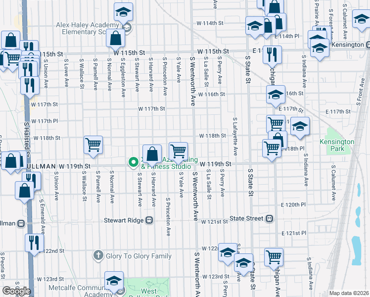 map of restaurants, bars, coffee shops, grocery stores, and more near 11827 South Yale Avenue in Chicago