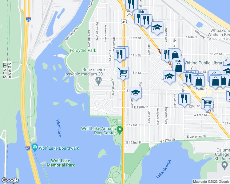 map of restaurants, bars, coffee shops, grocery stores, and more near 702 119th Street in Whiting