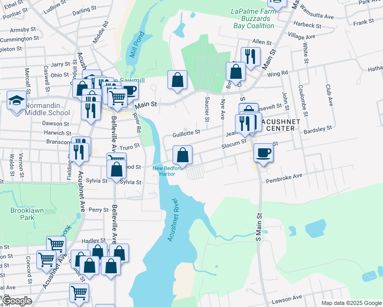 map of restaurants, bars, coffee shops, grocery stores, and more near 25 Slocum St in Acushnet