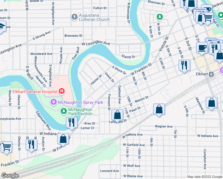map of restaurants, bars, coffee shops, grocery stores, and more near 1229 West Franklin Street in Elkhart