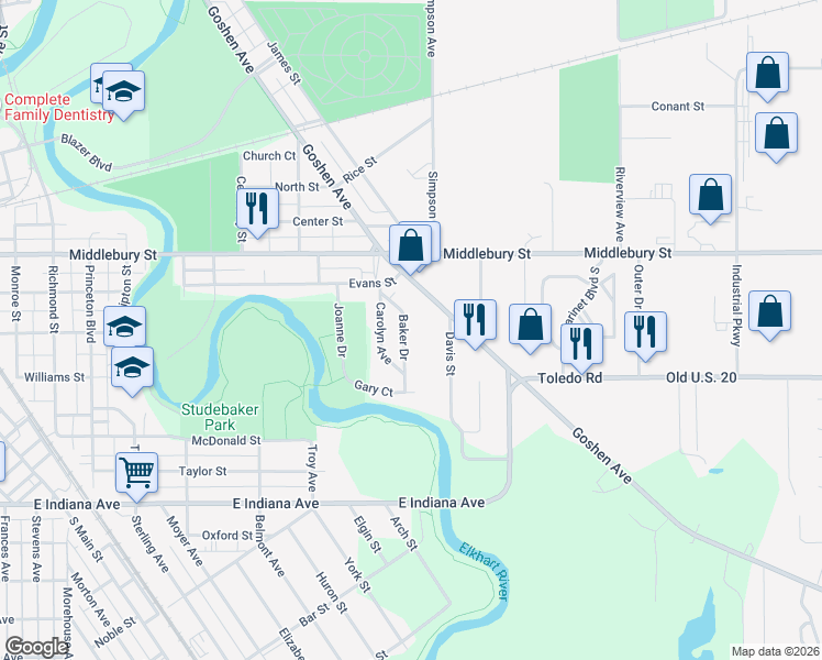 map of restaurants, bars, coffee shops, grocery stores, and more near 1010 Baker Drive in Elkhart
