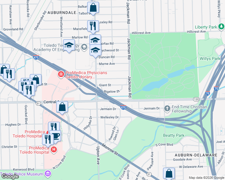 map of restaurants, bars, coffee shops, grocery stores, and more near 1822 Bigelow Street in Toledo