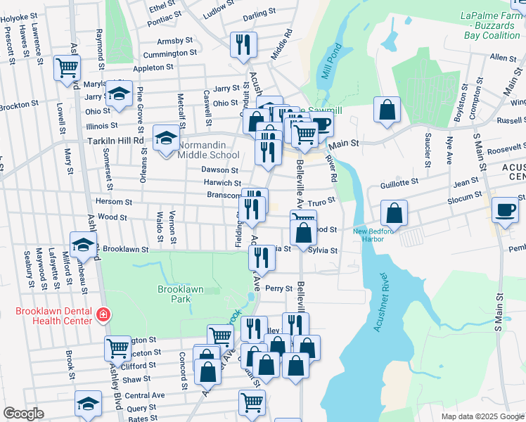 map of restaurants, bars, coffee shops, grocery stores, and more near 2090 Acushnet Ave in New Bedford