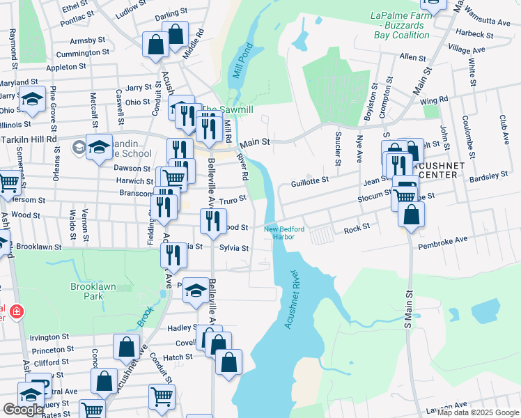 map of restaurants, bars, coffee shops, grocery stores, and more near 180 River Road in New Bedford