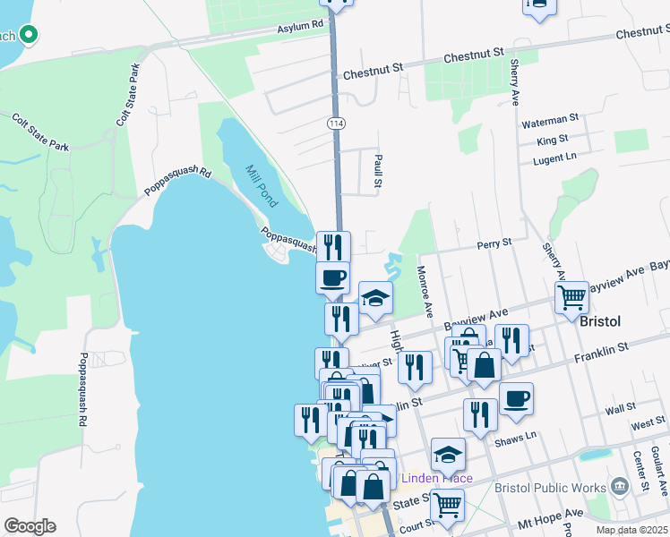 map of restaurants, bars, coffee shops, grocery stores, and more near 825 Rhode Island 114 in Bristol